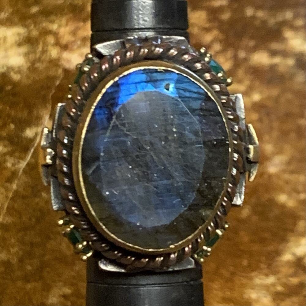 Bora Ring Size 8 Sterling Silver, Labradorite & Emerald w/ Cross Statement